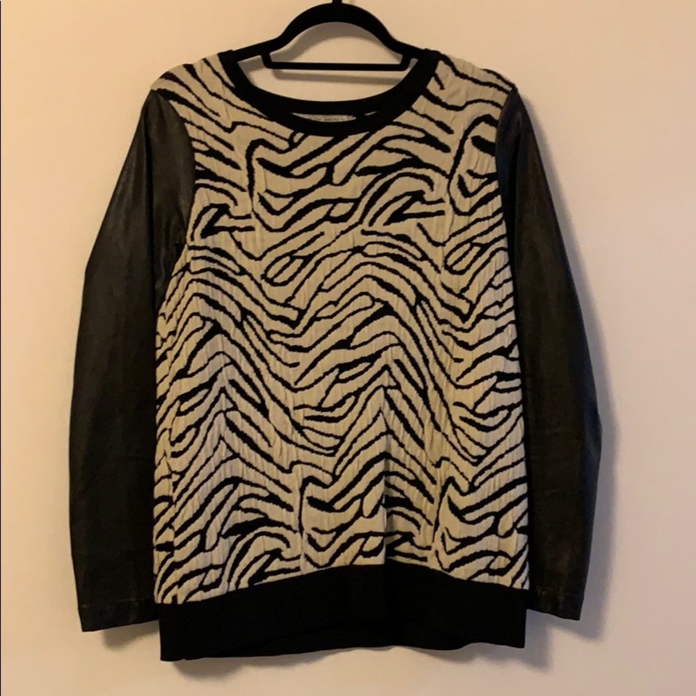 Patterned Sweater with Leather Sleeves
